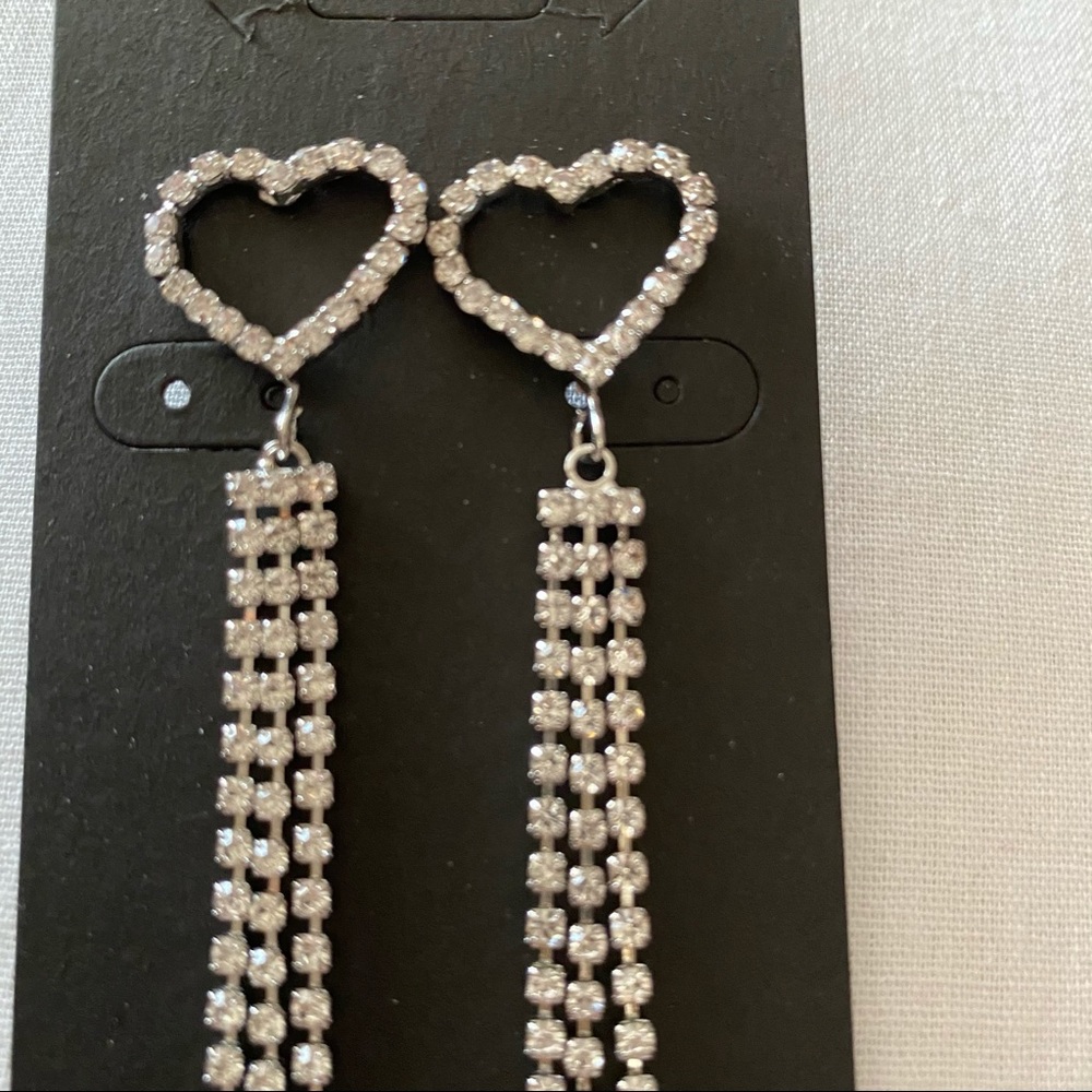 Silver Heart Rhinestone Dangle Earrings New